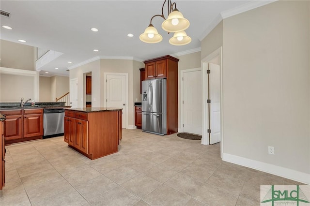 kitchen with pendant lighting, an inviting chandelier, dark stone countertops, ornamental molding, and stainless steel appliances