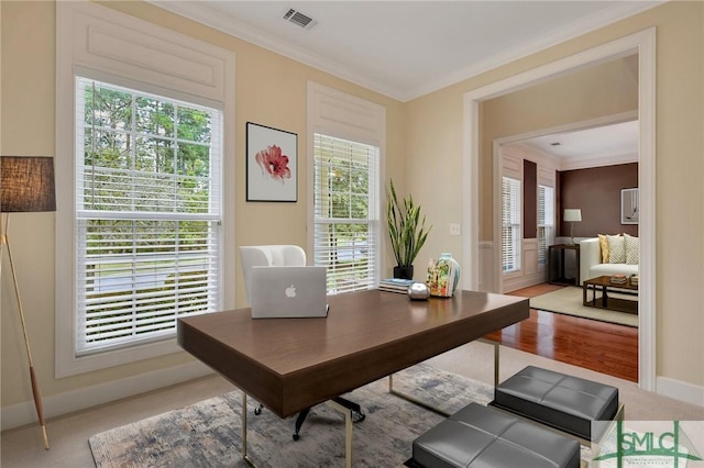 carpeted office space with plenty of natural light and ornamental molding