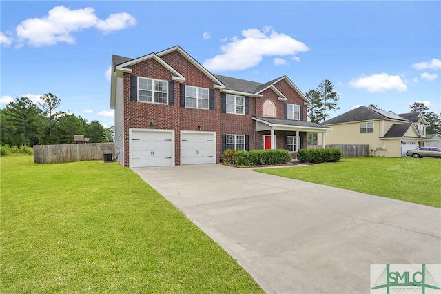 view of front facade with a garage, central AC unit, and a front lawn