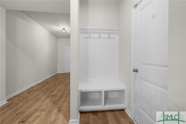 mudroom with baseboards and wood finished floors