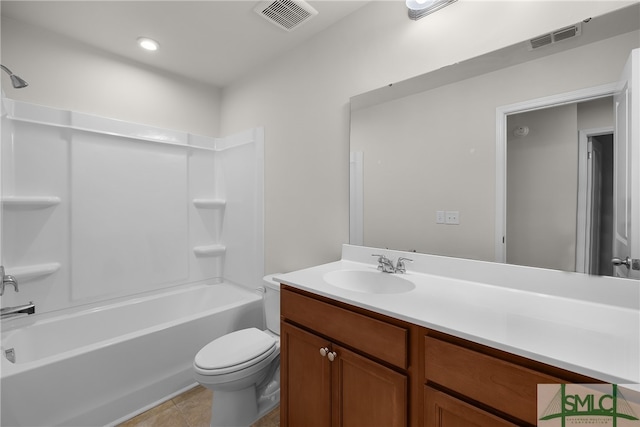 full bath featuring visible vents, toilet, vanity, and washtub / shower combination