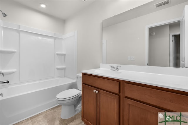 bathroom featuring tile patterned flooring, visible vents, toilet, shower / bathing tub combination, and vanity