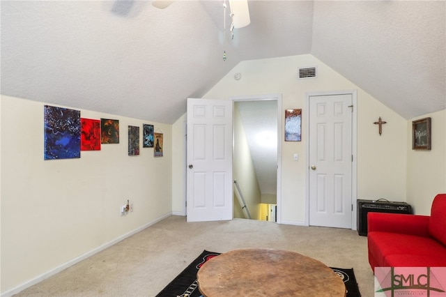 sitting room with carpet flooring, a textured ceiling, and vaulted ceiling