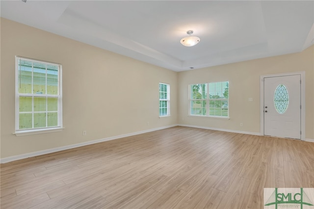 foyer entrance featuring light wood-type flooring and a raised ceiling