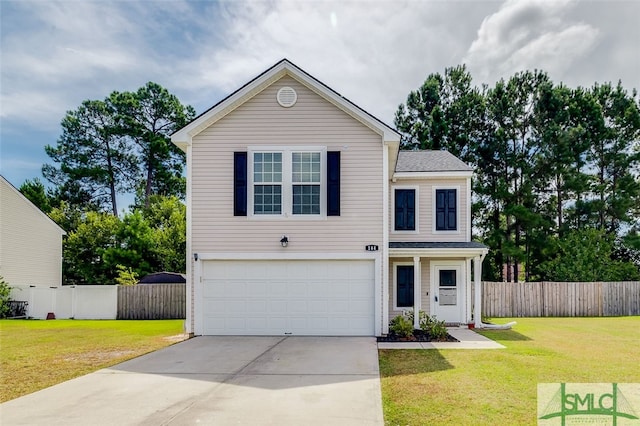 view of front of house with a front yard and a garage