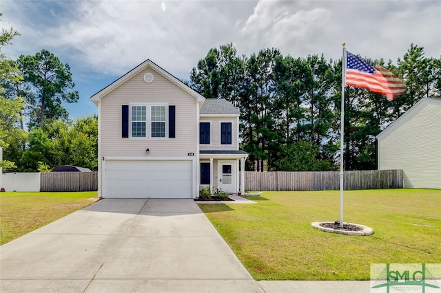 view of front of property with a front lawn and a garage