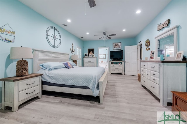 bedroom with ceiling fan and light wood-type flooring