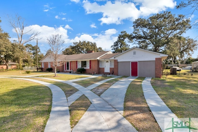 ranch-style house with central air condition unit, a front yard, and a garage