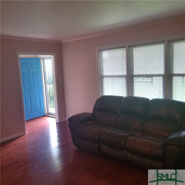 living room with crown molding and hardwood / wood-style flooring