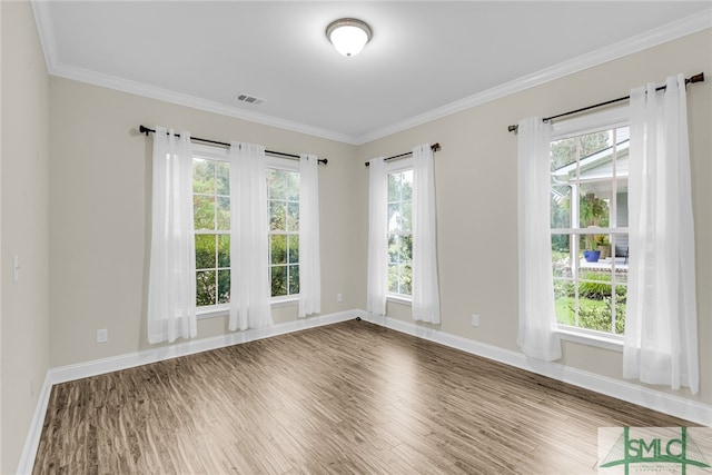 spare room featuring hardwood / wood-style flooring, ornamental molding, and a wealth of natural light