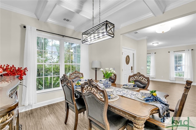 dining room featuring wood-type flooring, beam ceiling, coffered ceiling, an inviting chandelier, and crown molding