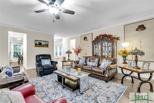 living room with ceiling fan, light hardwood / wood-style flooring, and ornamental molding