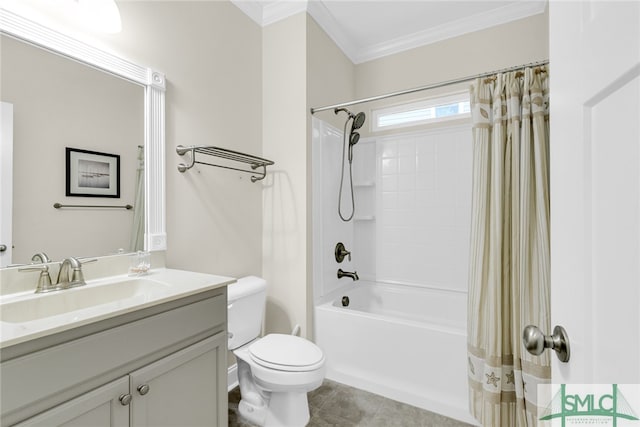 full bathroom featuring tile patterned flooring, ornamental molding, shower / tub combo with curtain, vanity, and toilet