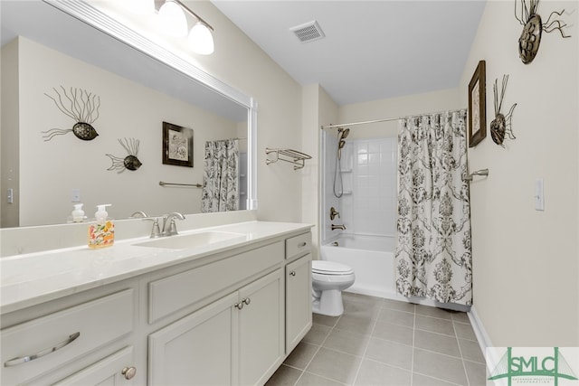 full bathroom with tile patterned flooring, vanity, toilet, and shower / bathtub combination with curtain