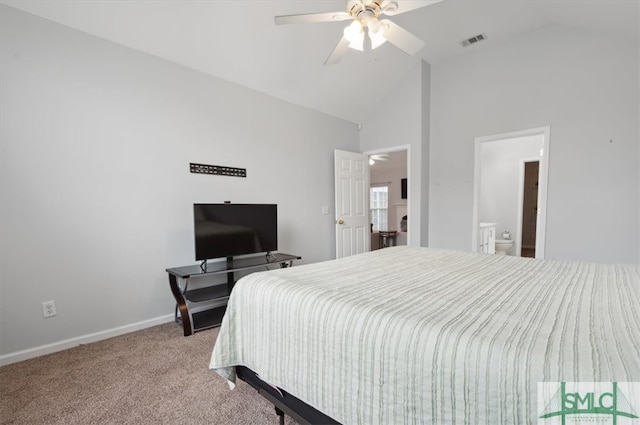 bedroom featuring ensuite bath, light colored carpet, high vaulted ceiling, and ceiling fan