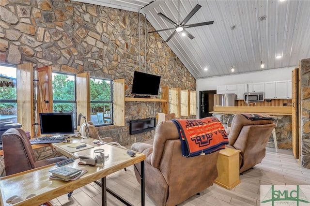 120 Saint Galilee Rd, Midville, GA 30441 - living room featuring ceiling fan, a stone fireplace, high vaulted ceiling, recessed lighting, and wooden ceiling