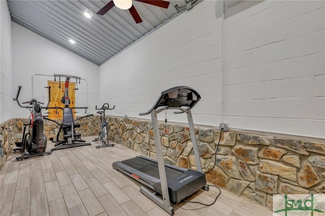120 Saint Galilee Rd, Midville, GA 30441 - exercise area with vaulted ceiling, a ceiling fan, and wood finished floors