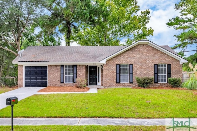 ranch-style home with brick siding, concrete driveway, a front lawn, and a garage