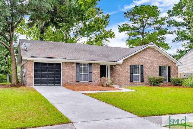 ranch-style house with a garage and a front yard