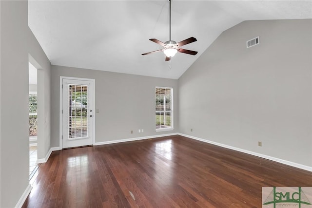 unfurnished living room featuring ceiling fan, wood finished floors, visible vents, and baseboards