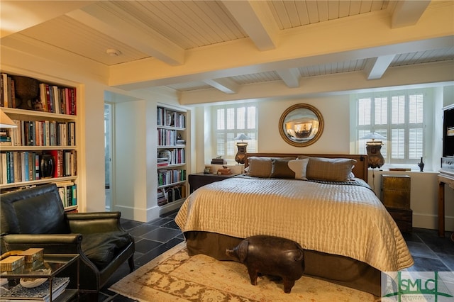 bedroom with beam ceiling, wooden ceiling, and multiple windows