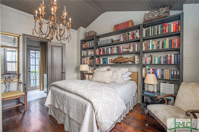 bedroom with lofted ceiling, access to exterior, a notable chandelier, and dark hardwood / wood-style flooring