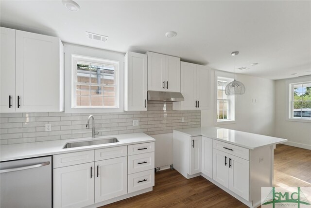 kitchen featuring dark hardwood / wood-style flooring, kitchen peninsula, stainless steel dishwasher, and sink