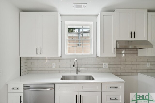 kitchen with white cabinets, sink, extractor fan, tasteful backsplash, and stainless steel dishwasher