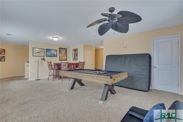 rec room with billiards, ceiling fan, and carpet floors