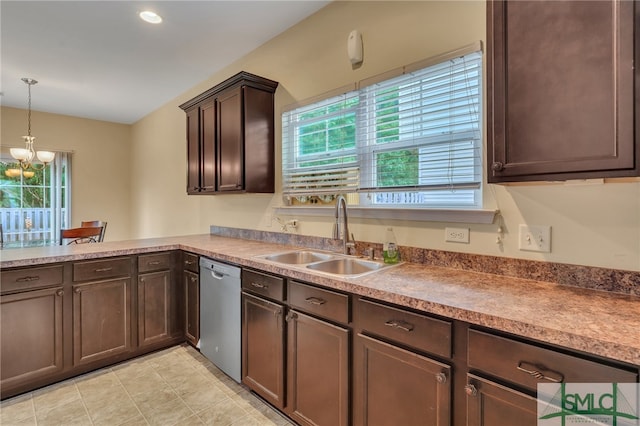 kitchen with an inviting chandelier, sink, pendant lighting, dark brown cabinetry, and stainless steel dishwasher