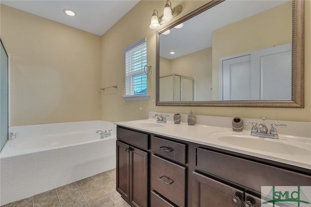 bathroom with vanity, separate shower and tub, and tile patterned flooring