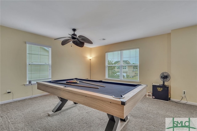 recreation room with carpet flooring, ceiling fan, and billiards