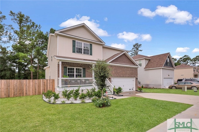 view of front of home featuring a garage, a front lawn, and a porch