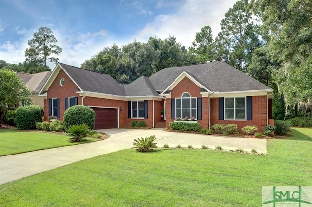 ranch-style house with a front yard and a garage