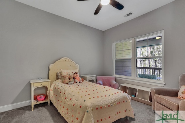 carpeted bedroom featuring ceiling fan