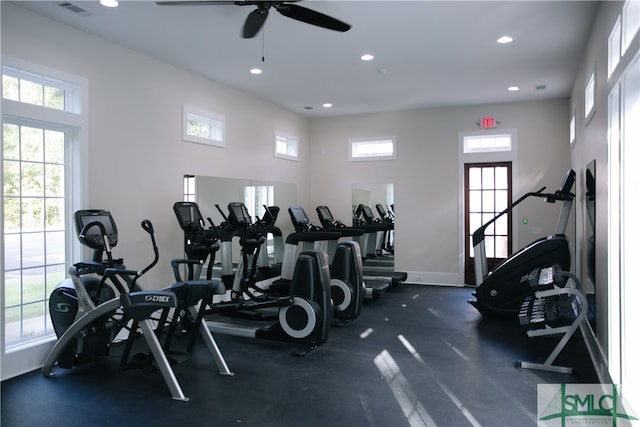 gym featuring ceiling fan