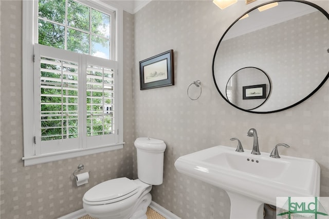 bathroom with crown molding, sink, and toilet