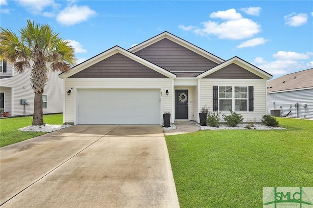 view of front of property with a garage, central air condition unit, and a front yard