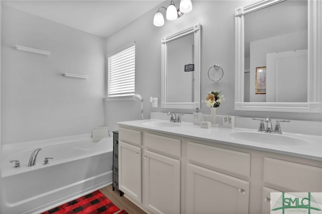 bathroom with a washtub and vanity