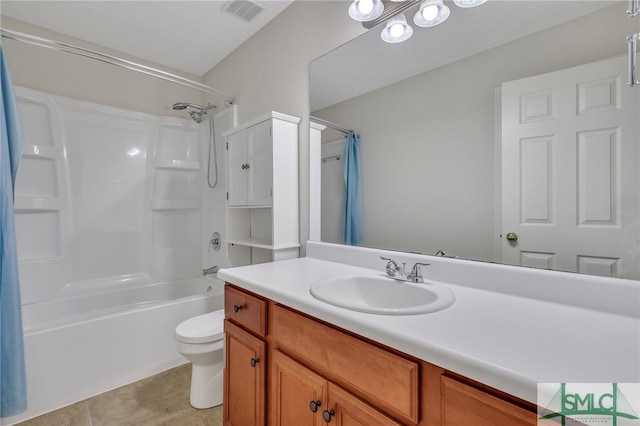 full bathroom with vanity, toilet, shower / bath combination with curtain, and tile patterned flooring