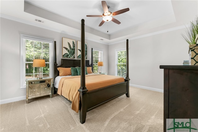 bedroom with a tray ceiling, multiple windows, and ceiling fan