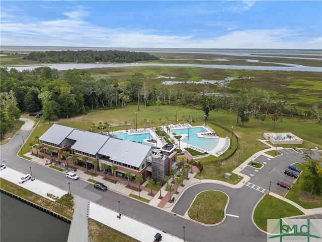 birds eye view of property featuring a water view