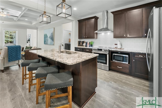 kitchen featuring appliances with stainless steel finishes, light hardwood / wood-style floors, sink, wall chimney exhaust hood, and ceiling fan