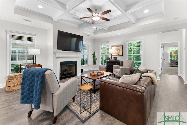 living room featuring light wood-type flooring, coffered ceiling, ceiling fan, and beamed ceiling