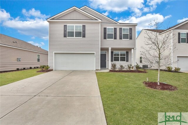 view of front of home with a garage, a front lawn, and central air condition unit