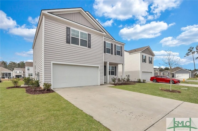 view of front facade featuring board and batten siding, a front lawn, a residential view, concrete driveway, and a garage