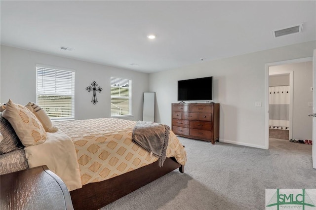 bedroom with recessed lighting, visible vents, carpet floors, and baseboards