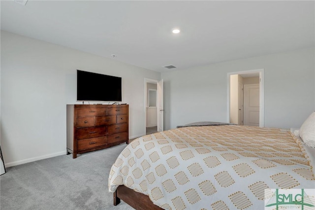 bedroom with recessed lighting, visible vents, baseboards, and carpet floors