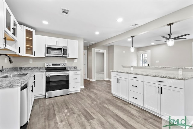 kitchen featuring appliances with stainless steel finishes, white cabinetry, sink, and ceiling fan