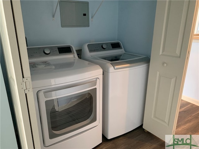 laundry area featuring independent washer and dryer and dark hardwood / wood-style flooring